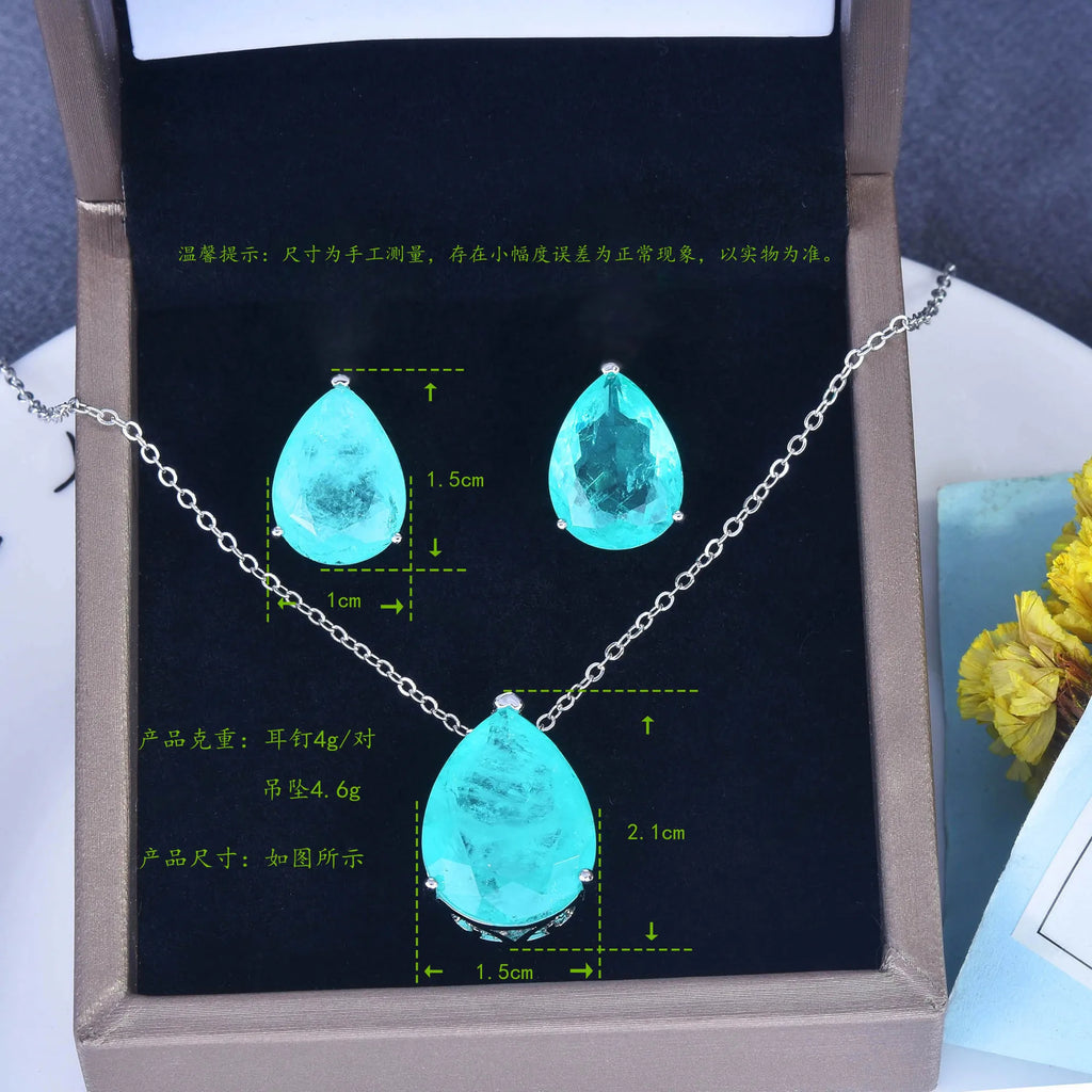 Silver Water-drop Shape Paraiba Tourmaline Gemstone Earrings Necklace Set for Women Temperament Ladies Trendy Vintage Jewelry