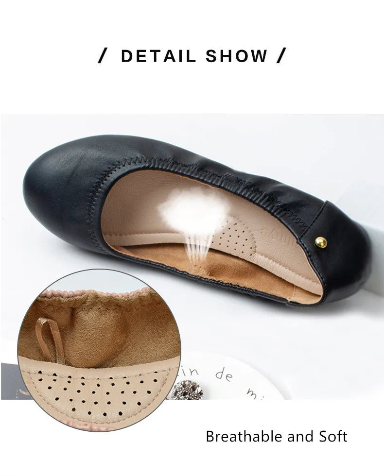 Women Ballet Flats Fashion Foldable Leather Loafers Soft Slip on Woman Luxury Brand Prom Ballerina Flats Wedding Party Shoes