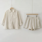 Women 2025 Summer Casual Linen Blouse Shorts Sets
