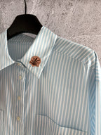 Women Blue and White Striped Cartoon Embroidery Casual Loose Cotton Shirt Top