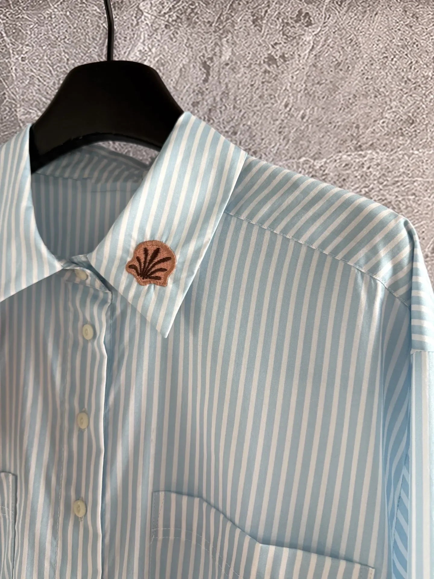 Women Blue and White Striped Cartoon Embroidery Casual Loose Cotton Shirt Top