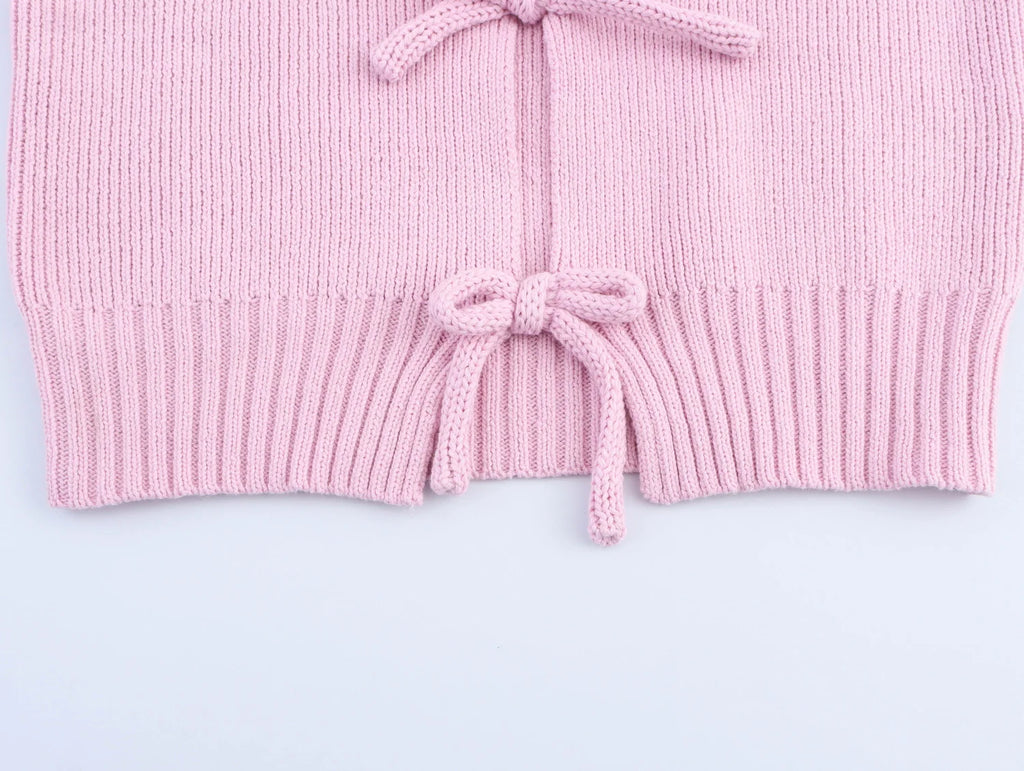 Women Bow Tie Coat Casual Knitted Cardigan Femmes Short Sleeve Women's Clothing Knitwear Outerwears 2142007