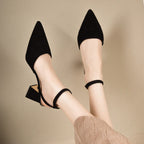 2025 Sandals for Woman Pointed Toe Chunky Footwear Closed Thick Heel Summer Block High Heels Heeled Pumps Women's Shoes Korea