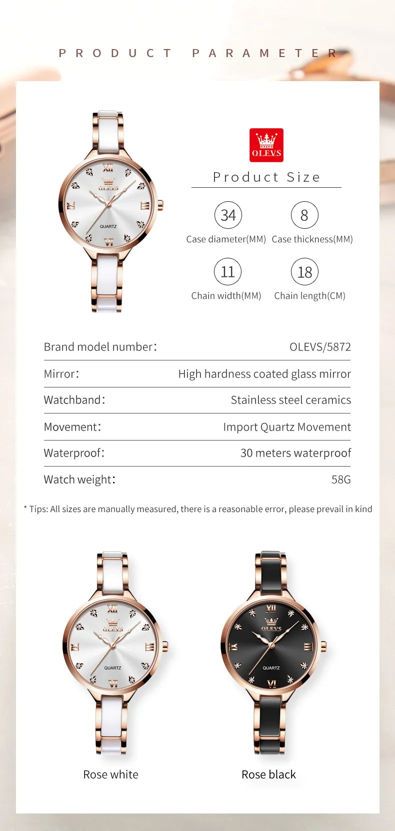 OLEVS 5872 Woman Watches Imported Japan Quartz Movement Waterproof Watch for Women Elegant Ceramic Strap Ladies Wristwatch Gifts