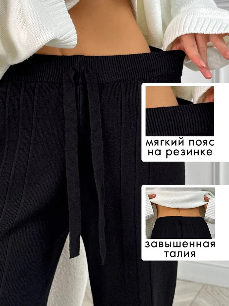 Black Knitted Pants Fashion Comfort Thick Warm Cashmere Women's Pants 2025 Autumn and Winter New Wide Leg Pants for Women