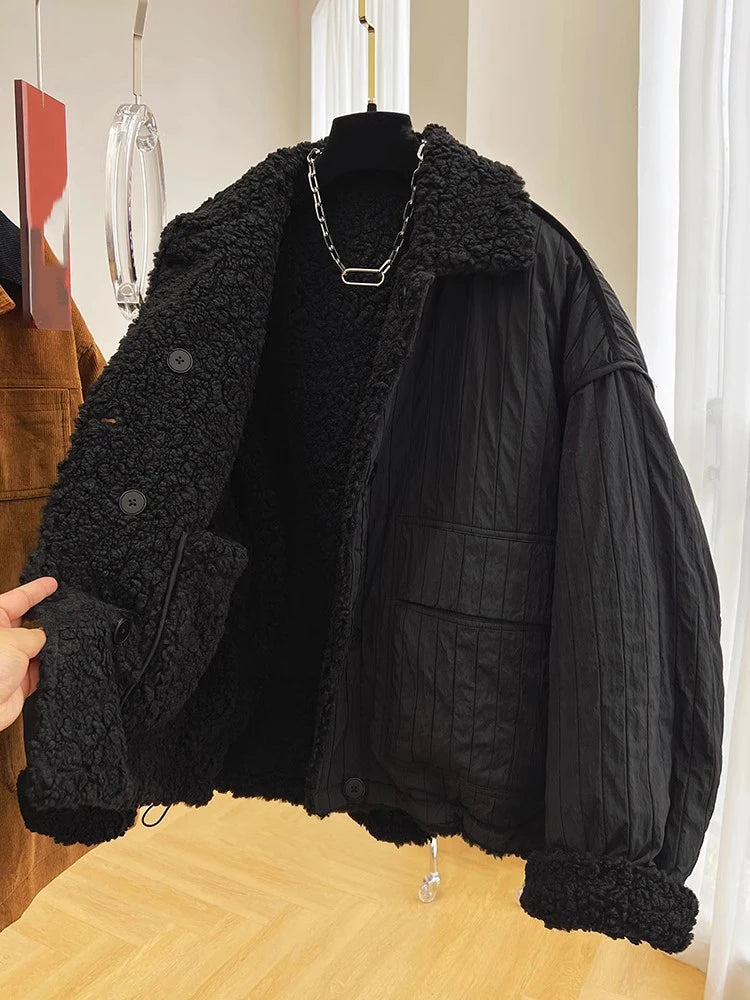 Winter 2025 New Jackets Women Loose Thick Short Cotton-padded Coat Ladies Solid Color Lamb Wool Warm Parkas Fashion