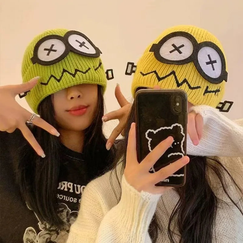 Winter Women Cartoon Hat Cute and Funny Knitted Hat Candy Colored Little Monster Glasses Cute and Warm Hat