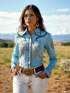 Women's Embroidery Blouse Long Sleeve Turn Down Sleeve Single Breasted Chic Western Cowboy Casual Vintage Autumn Shirt Tops