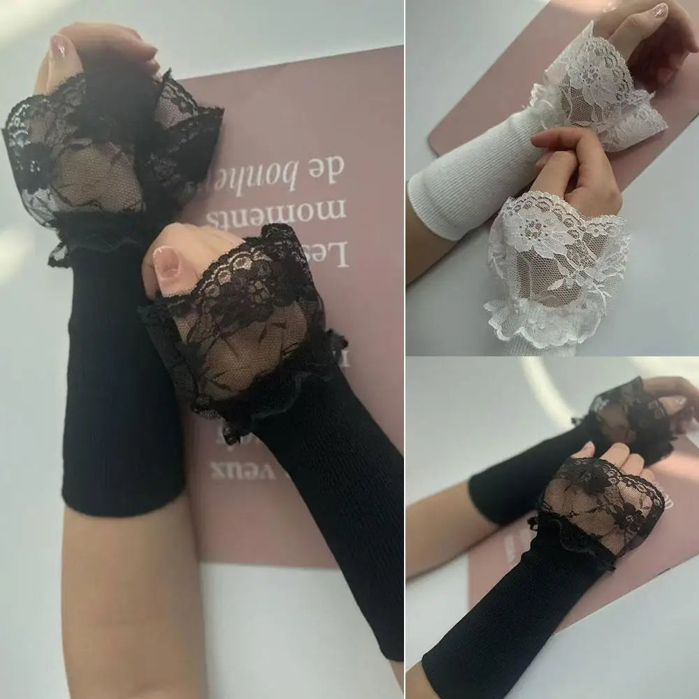 1Pair Detachable lace Cuffs Knitted Lace Flower Flared Arm Sleeves Warm Woolen Ruched False Cuffs Sweater Blouse Wrist Warmers
