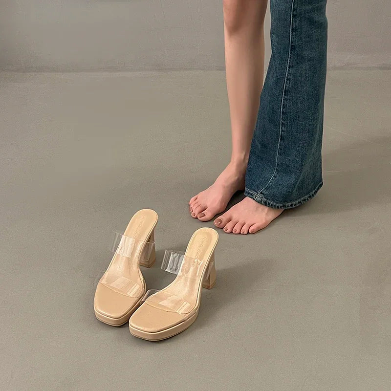 Women's Summer High Heels Sandals Sexy Fashion Open-toe Women Platform Mules Slippers Luxury Causal Elegant Ladies Clear Sandals
