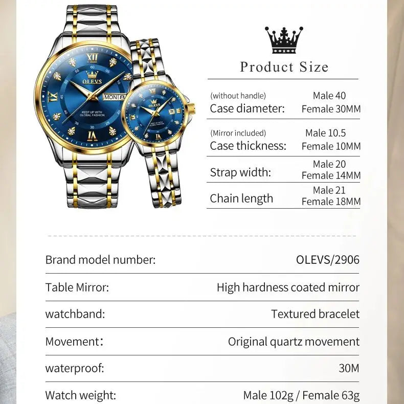 OLEVS 2906 Couple Watch Luxury Stainless Steel Waterproof Clock Fashion Roman Scale Diamond Calendar Dial Men Women Quartz Watch