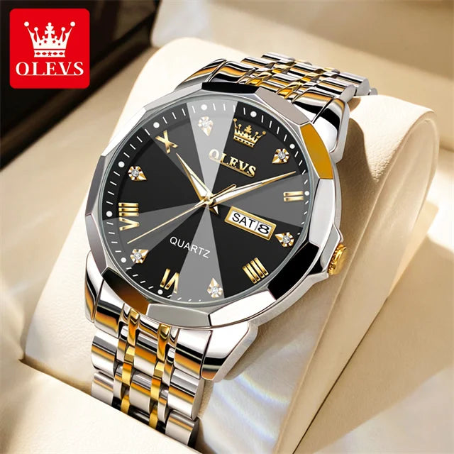 OLEVS 9931 Top Original Couple Watch Stainless Steel Rhombus Mirror Design Luxury Quartz Watch for Men Women Lover's Wristwatch