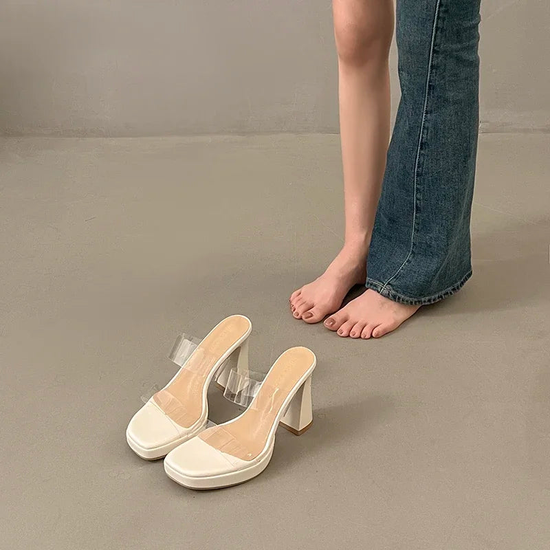 Women's Clear Sandals Summer Elegant Ladies Causal Mules Slippers Open-toe Sexy Luxury Women Fashion High Heels Platform Sandals