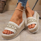 Women's Slippers  for Beach Heeled Sandals Bohemian Handmade Ladies Espadrillesm Ethnic Style Cotton Rope Platform Shoes