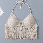 Women's Boho Fringe Backless Halter Tie Neck Underwear Outerwear with Neck Hanging Embroidery Tassel Suspender Vest Short Tank