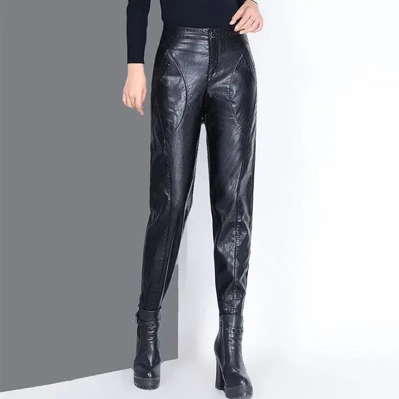 Pants for Women High Waist PU Leather Harem Woman Trousers Aesthetic One Size Classic Autumn Trends 2025 90s Outfits Clothing G