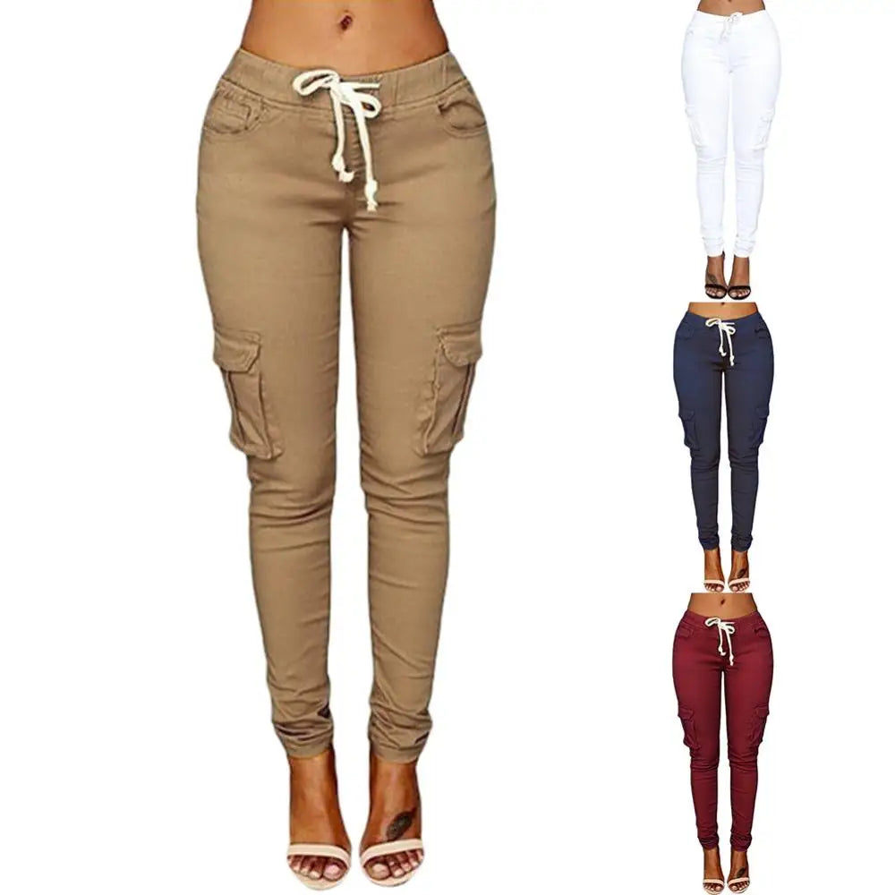 Pants Casual Solid Color Women Trousers Skinny Cargo Pockets Drawstring Joggers Trousers