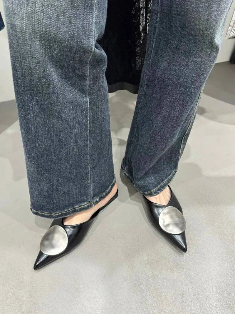 Female Slides Fashion Pointed Toe Flats Women Mules Slippers  Summer Beach Luxury Ladies Flats Slippers Sandals Shoes