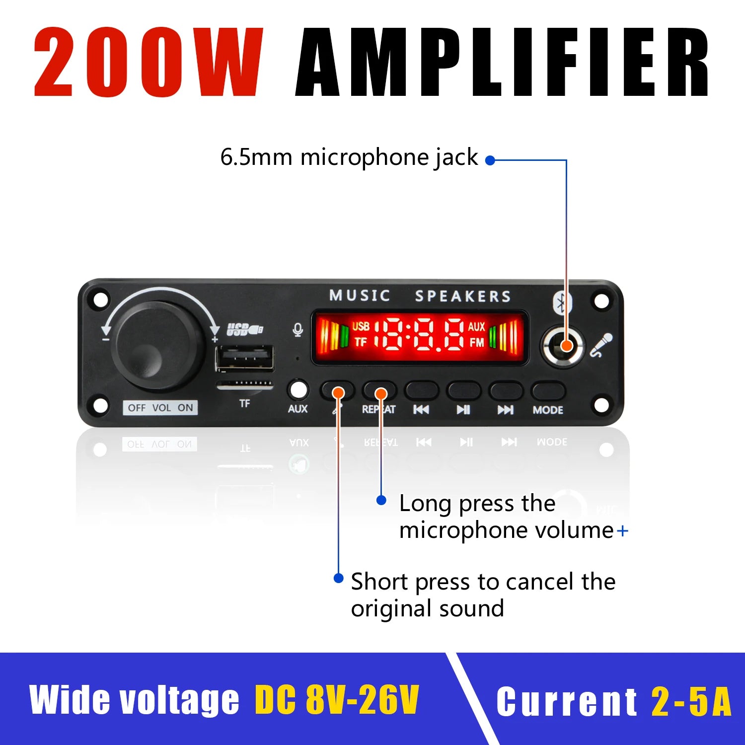 Handsfree 200W Amplifier Bluetooth DIY MP3 Decoder board 12V Wireless Car MP3 Player Record USB TF AUX FM Radio Folder Switching