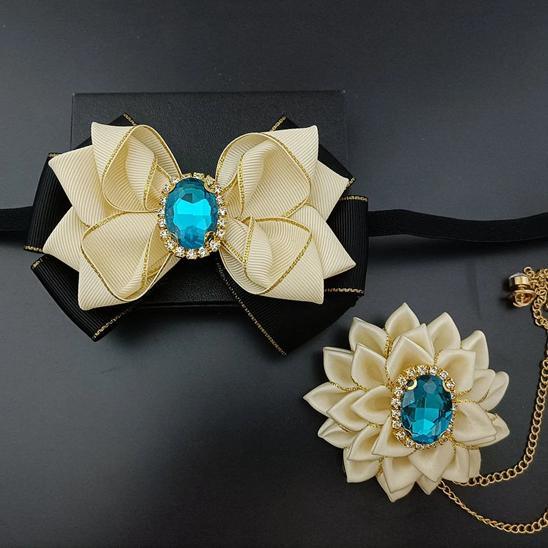 Wedding Bow Tie Corsage Men's Business Banquet Concert Suit Shirts Accessories Jewelry High-end Crystal Collar Flower Brooch Set