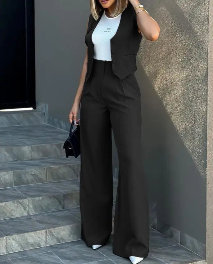 Pant Sets Women Wide Leg Pants Two Piece Suit Single Breasted Vets Sleeveless High Waist Elegant Trousers Pockets Solid Outwear