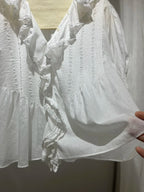 Lace Stitching Women's Pleated Blouse Summer Ruffles Edge V-Neck Puff Sleeve Casual Female Shirt