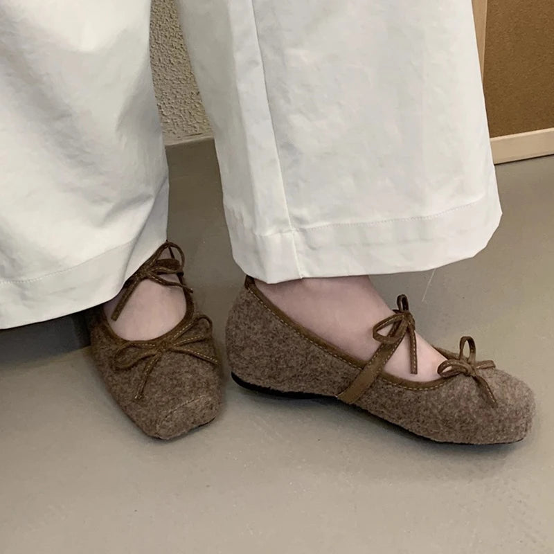 Flats Women's Loafers Shoes Shallow Suede Bow Fashion Shoes Square Toe Casual Dress Autumn 2025 Designer Cozy Zapatos De Mujer