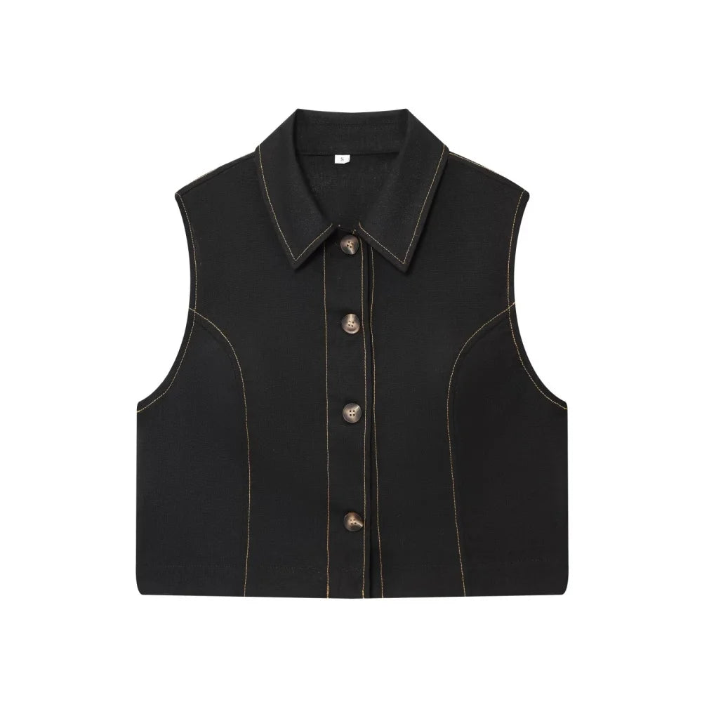 Women's Color Contrasting Stitch Collar Single breasted Straight Tank Top Long Fold Belt Bermuda Shorts Summer New Pants