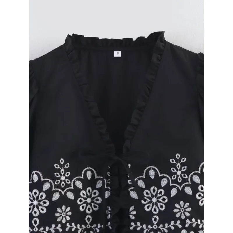 Embroidered Blouse Top Boho Chic Hawaiian Summer Vintage Ruffle Crop Shirts Female Elegant Women's Shirt Tops Woman 2025