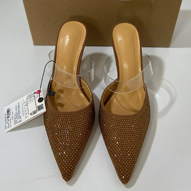 High Heels Mules Sandals Woman Sexy Summer Footwear 2025 Fashion PVC Transparent Pointed Bling Rhinestone Prom Party Shoes