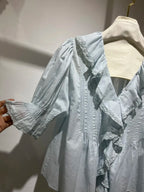 Lace Stitching Women's Pleated Blouse Summer Ruffles Edge V-Neck Puff Sleeve Casual Female Shirt