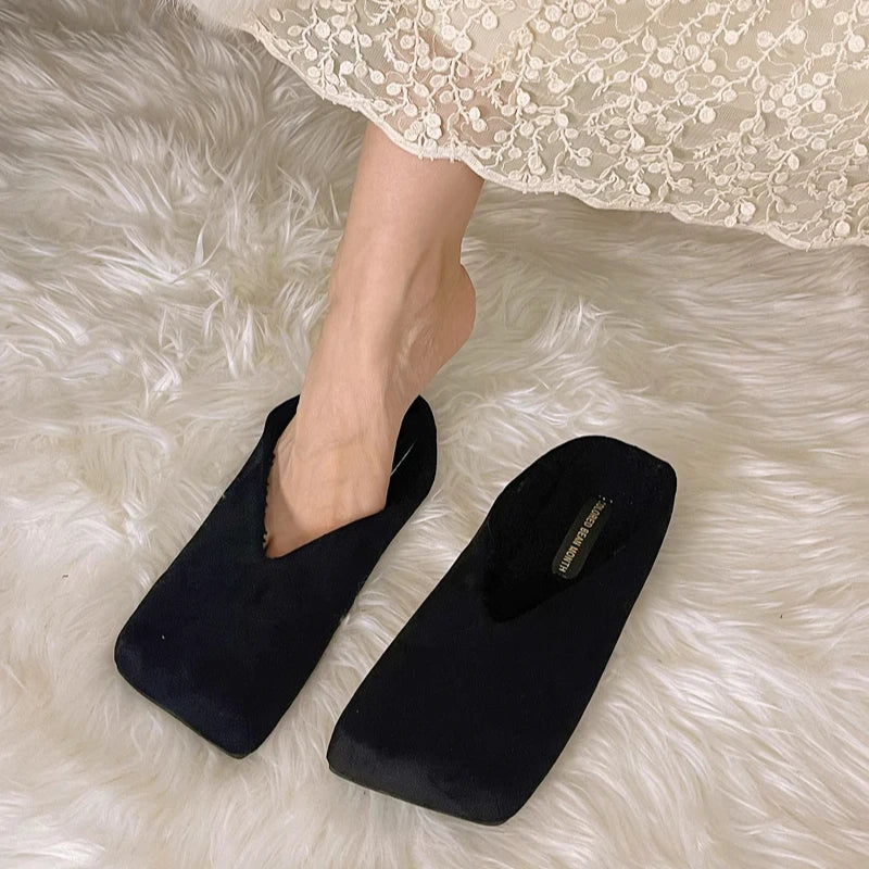 Flats Women Square Toe Slippers Designer Shallow Mule Shoes 2025 Summer New Casual Shoes Fad Brand Walking Soft Femme Chaussures