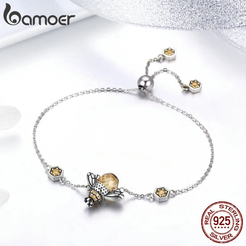 BAMOER Genuine 100% 925 Sterling Silver Dancing Honey Bee Chain Link Women Bracelet Crystal Big Stone Bracelet Jewelry SCB043