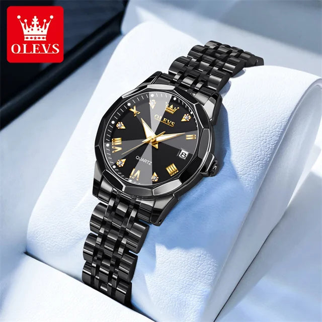 OLEVS 9931 Top Original Couple Watch Stainless Steel Rhombus Mirror Design Luxury Quartz Watch for Men Women Lover's Wristwatch