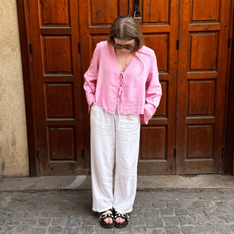 Casual Solid Lace Up Women Blouse Deep V-neck Long Sleeve Loose Female Shirt 2025 Spring Summer New Fashion Sweet Ladies Blouses