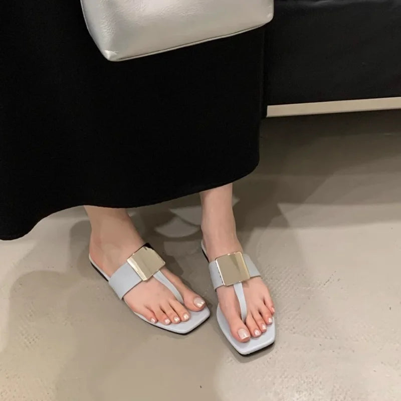 French Versatile Woman Shoe Summer New Round Toe Flat Shoes Fashion Anti Slip Women Flip Flops Simple Soft Soled Women's Sandals