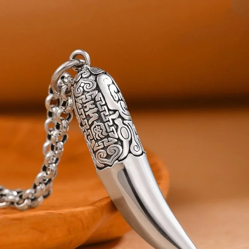 Creative 925 Silver Ethnic Style glossy Necklace Keel chains Banquet faceted wolf tooth Pendant for Men's Retro Jewelry