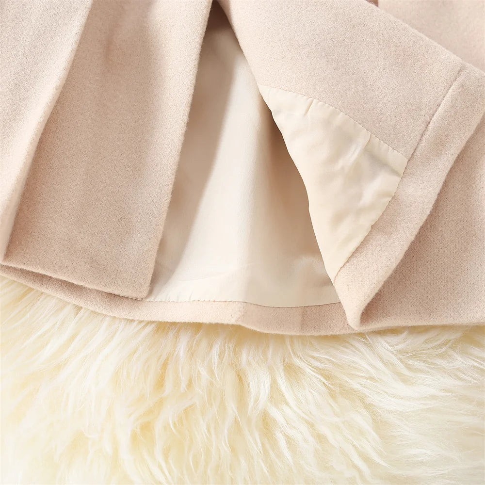 Winter New Girl'S Coat Long Warm Solid Color Fold Lapel Simple Fashion Girl Shawl Long Sleeve Loose Woolen Long Coat