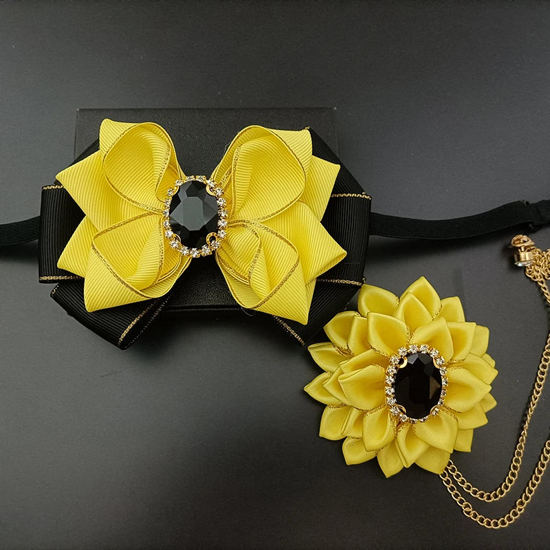 Wedding Bow Tie Corsage Men's Business Banquet Concert Suit Shirts Accessories Jewelry High-end Crystal Collar Flower Brooch Set