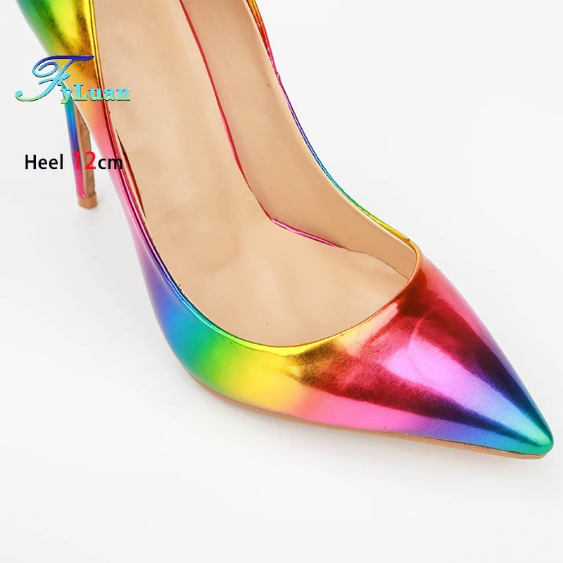 Brand Women High Heels 8-12CM Fashion Iridescent Pointed Toe Single Shoes Woman Thin Heel Summer Glossy Colorful Leather Pumps