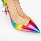 Brand Women High Heels 8-12CM Fashion Iridescent Pointed Toe Single Shoes Woman Thin Heel Summer Glossy Colorful Leather Pumps