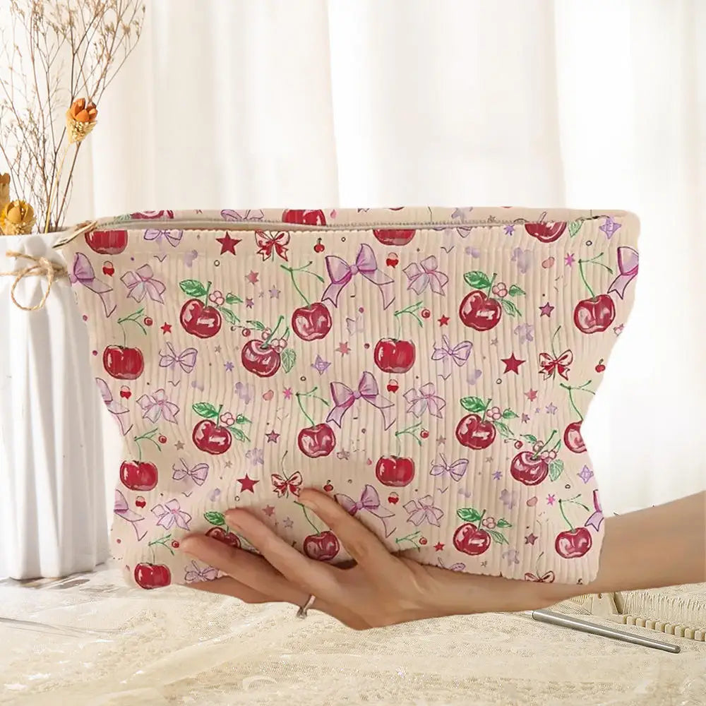 Cosmetic Bag Women Floral Makeup Case Organizer Korean Embroidery Cosmetic Pouch Travel Toiletry Bag Corduroy Canvas Beauty Case