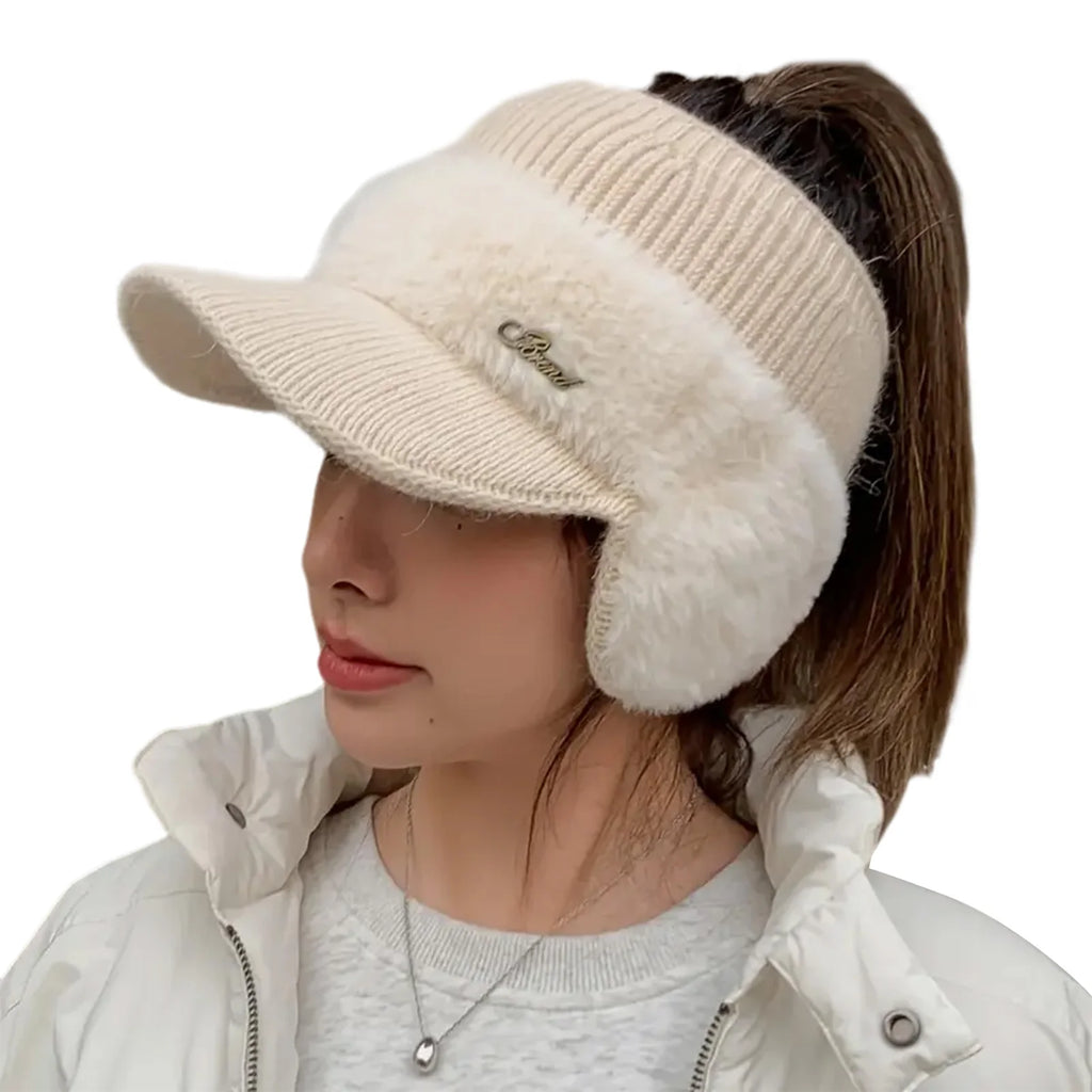 Winter Hat for Women New Fashion Winter Warm Ear Wing Knitted Cap Baseball Cap Outdoor Sports Windproof Ponytail Hat Visor