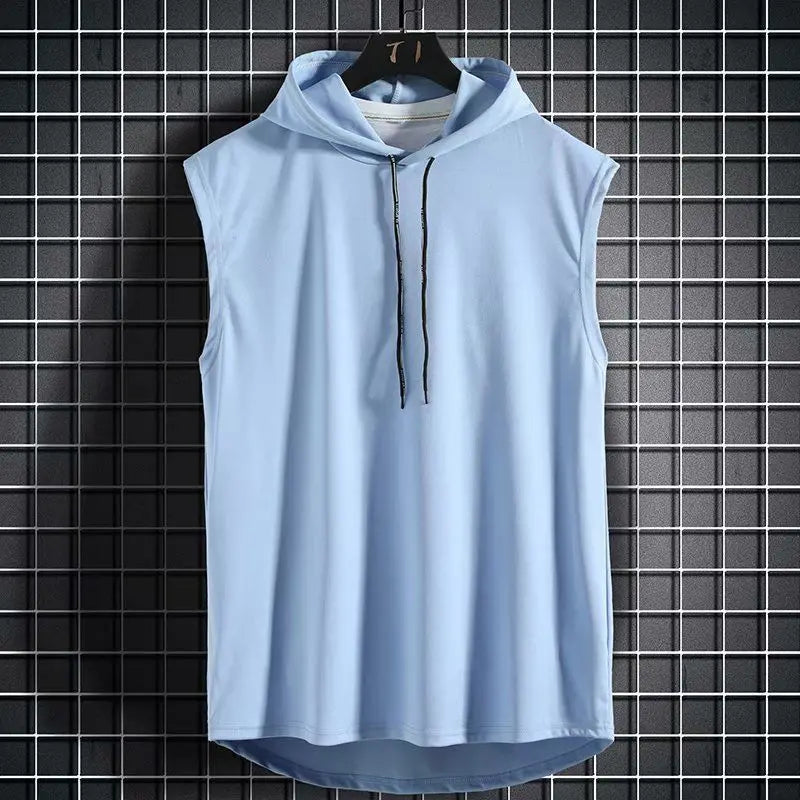 Men Tie Collar Hooded Sleeveless Vests Male Summer Loose Solid Hip Hop Tee Shirt Tops
