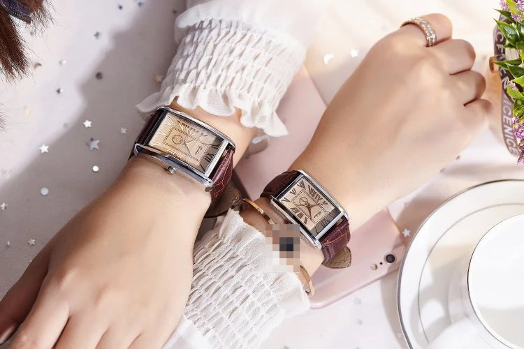 Fashion Couple Watch Luxury Rectangle Dial Women Quartz Watch Men Leather Band Casual Women Leather Wristwatch Relogio Masculino