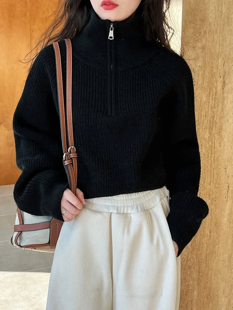 Autumn Winter  Zipper Sweaters Women Solid Color High Neck Knitted Pullover Solid Red Loose Turndown Collar Women's Turtleneck