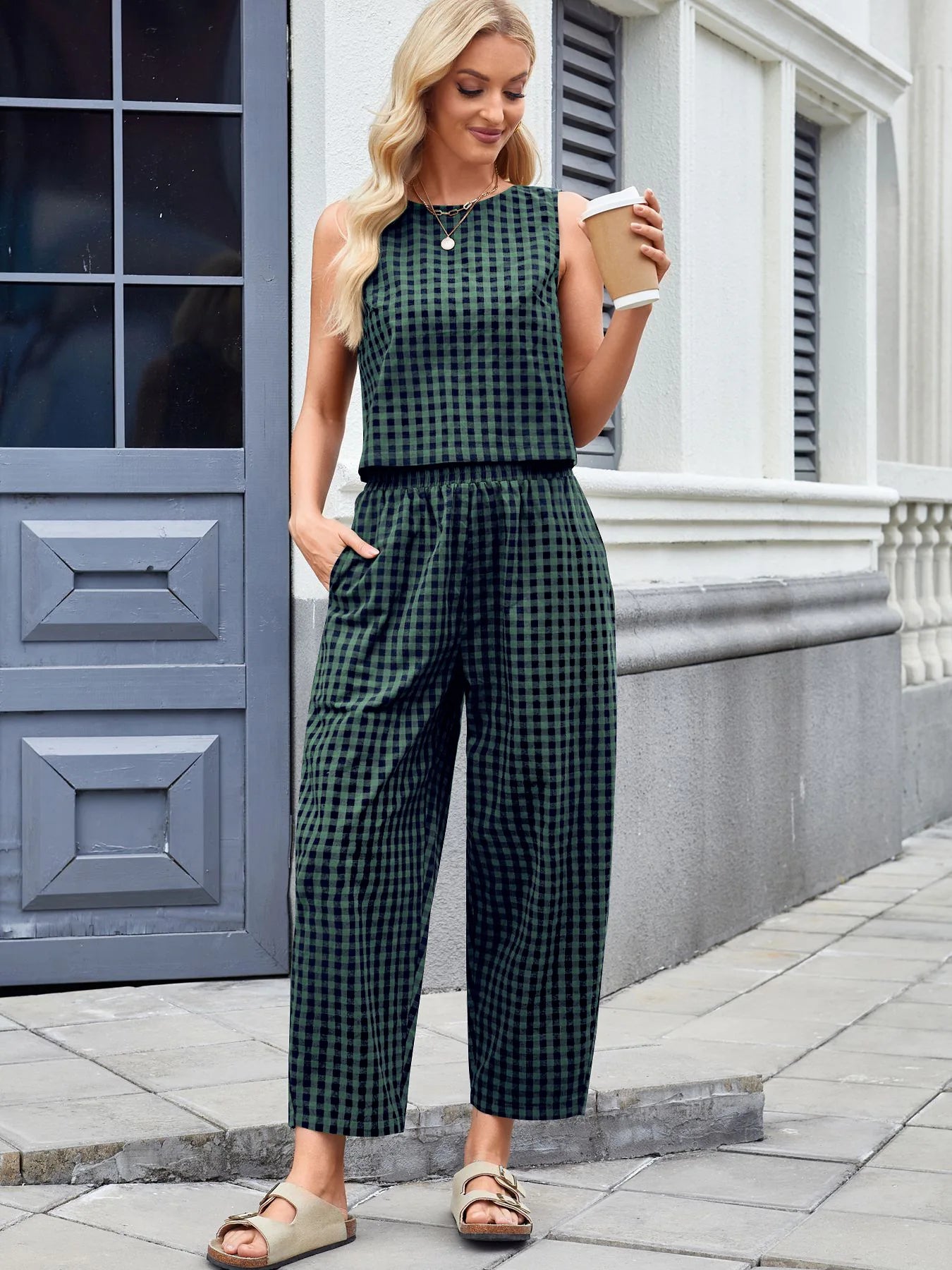 Fashion Women's Pants Set Printed Plaid Sleeveless 2025 Spring Summer Relaxed Vest Nine Point Pants Home Wear Female 2 Piece Set