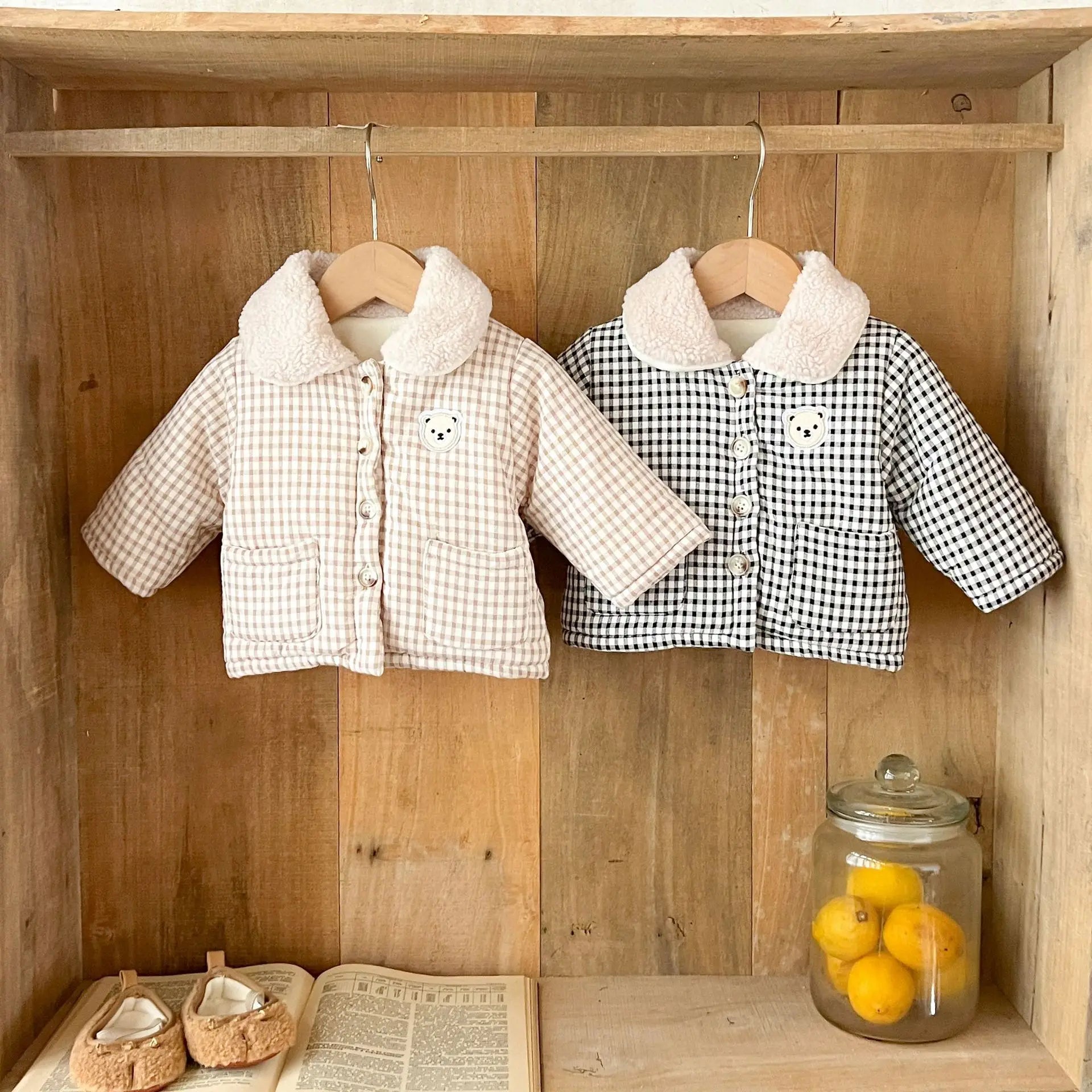 Winter Baby Girl Clothing  Plaid Coat Warm Fleece Lined Cartoon Bear Embroidery Children Cotton Padded Jacket