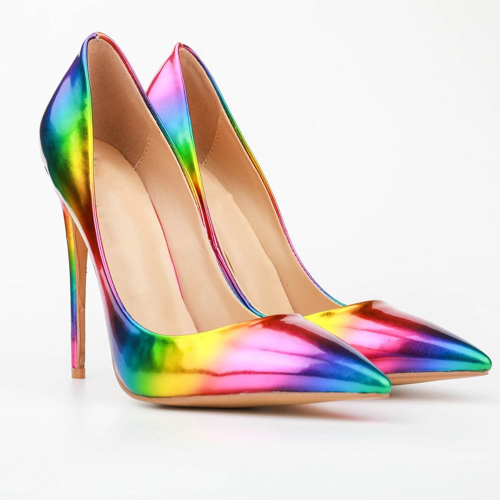 Brand Women High Heels 8-12CM Fashion Iridescent Pointed Toe Single Shoes Woman Thin Heel Summer Glossy Colorful Leather Pumps