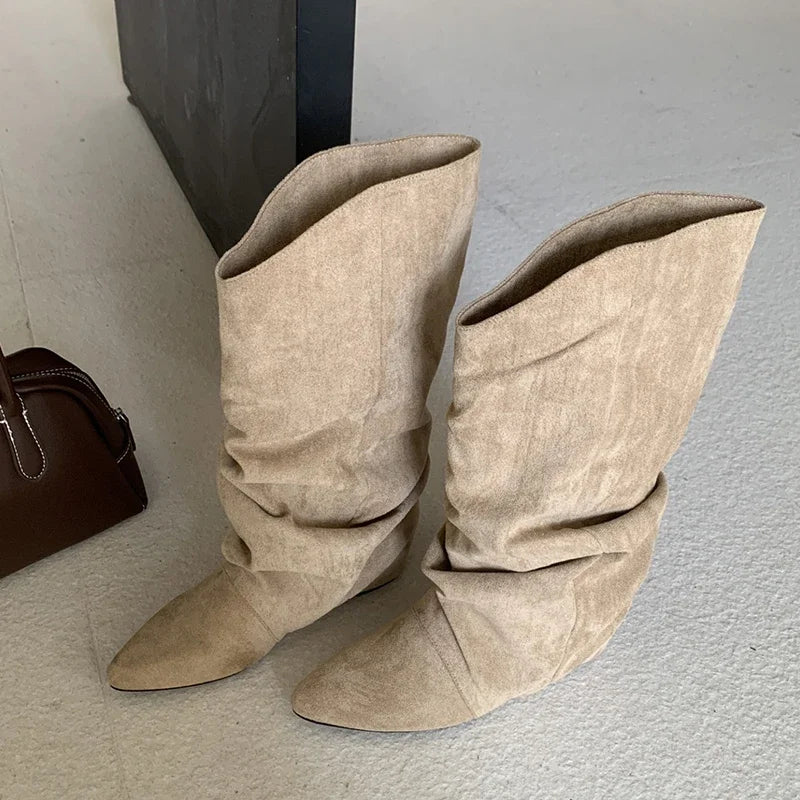 Flats Women's Boots Pointed Toe Designer Mid Calf Shoes Winter 2025 Fad Chelsea Boots New Trend Gladiator Walking Mujer Botas